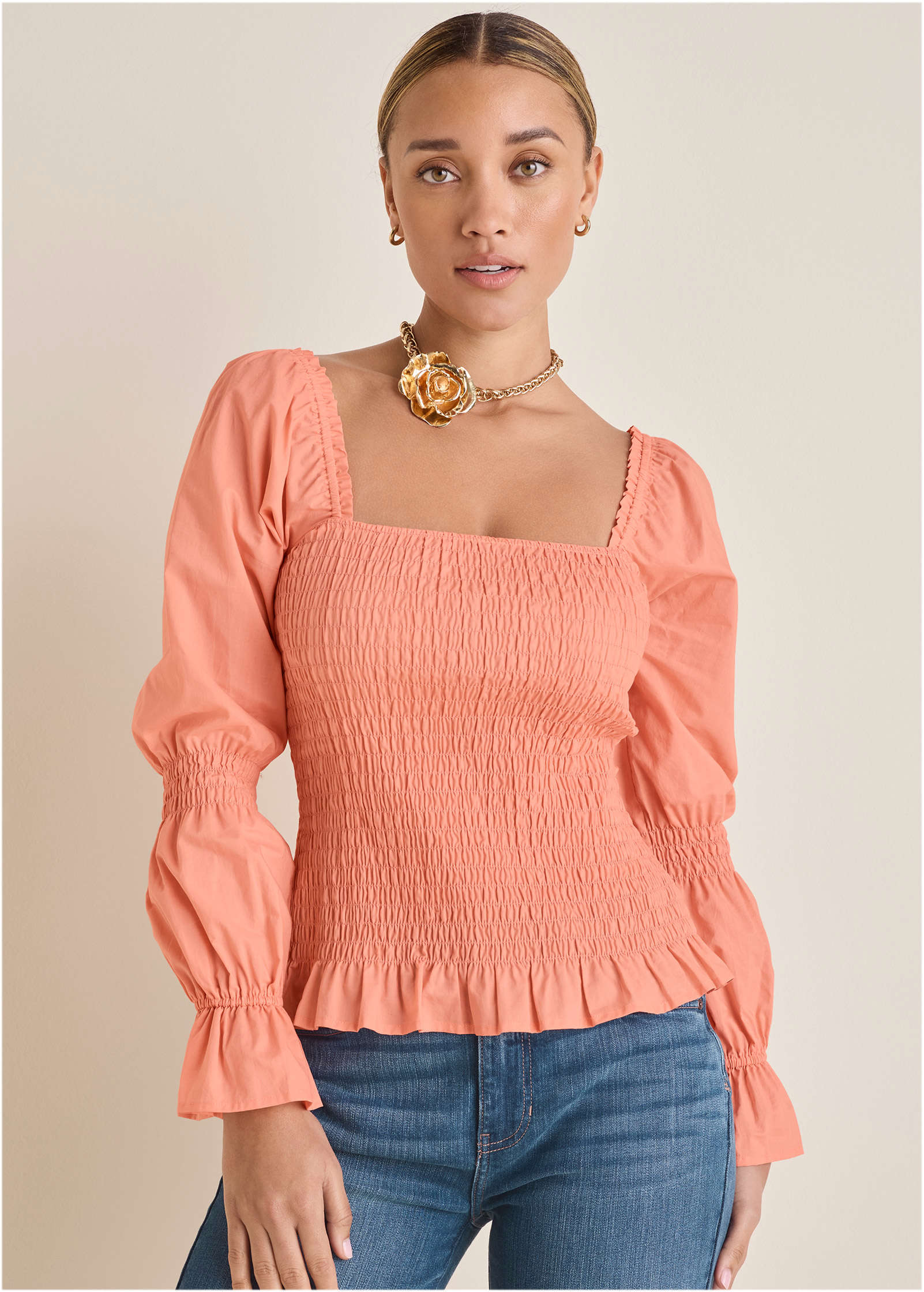 Smocked Ruffle Hem Top - Coral - Image 2