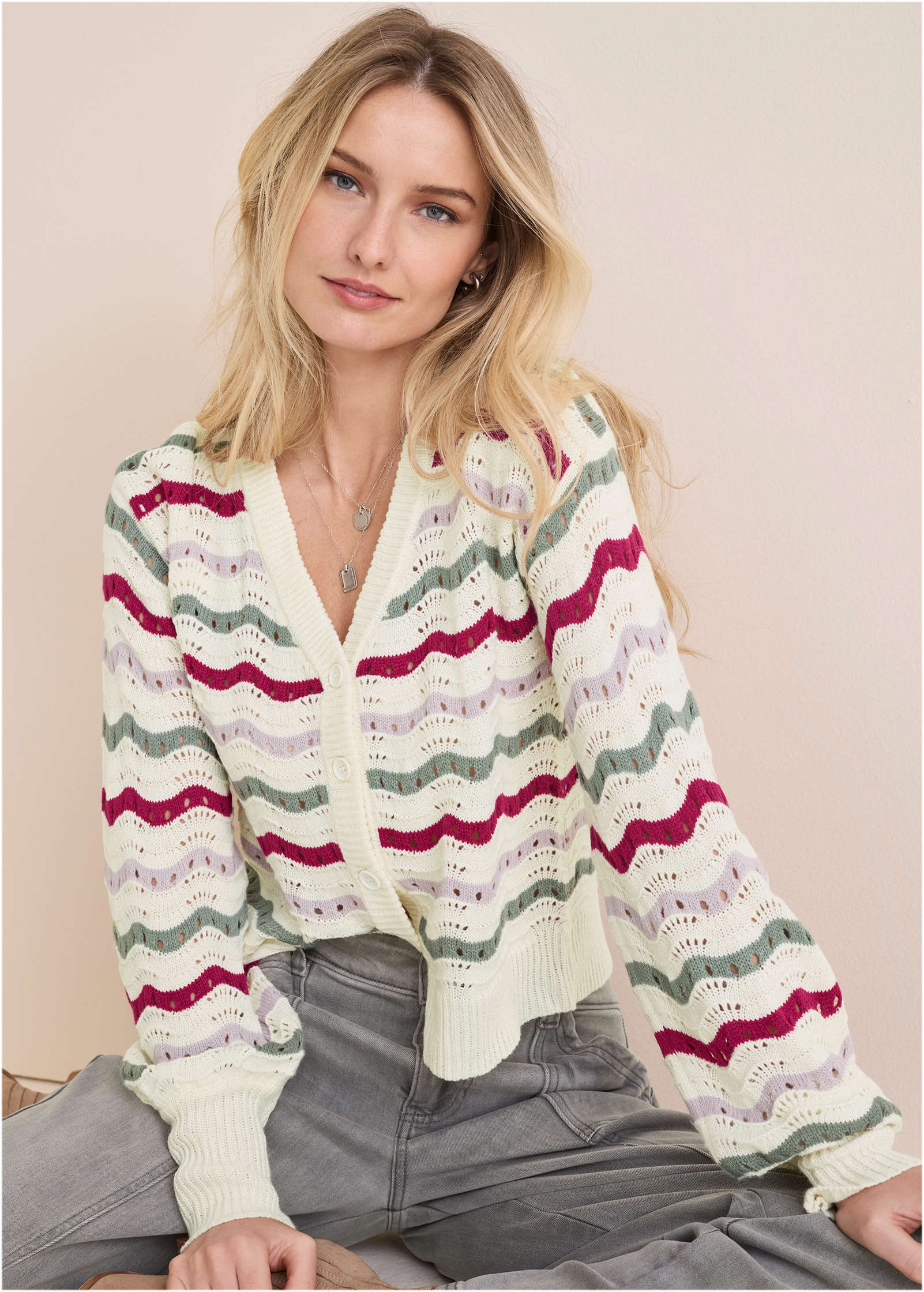 Stripe Pointelle Cardigan - Grey Multi