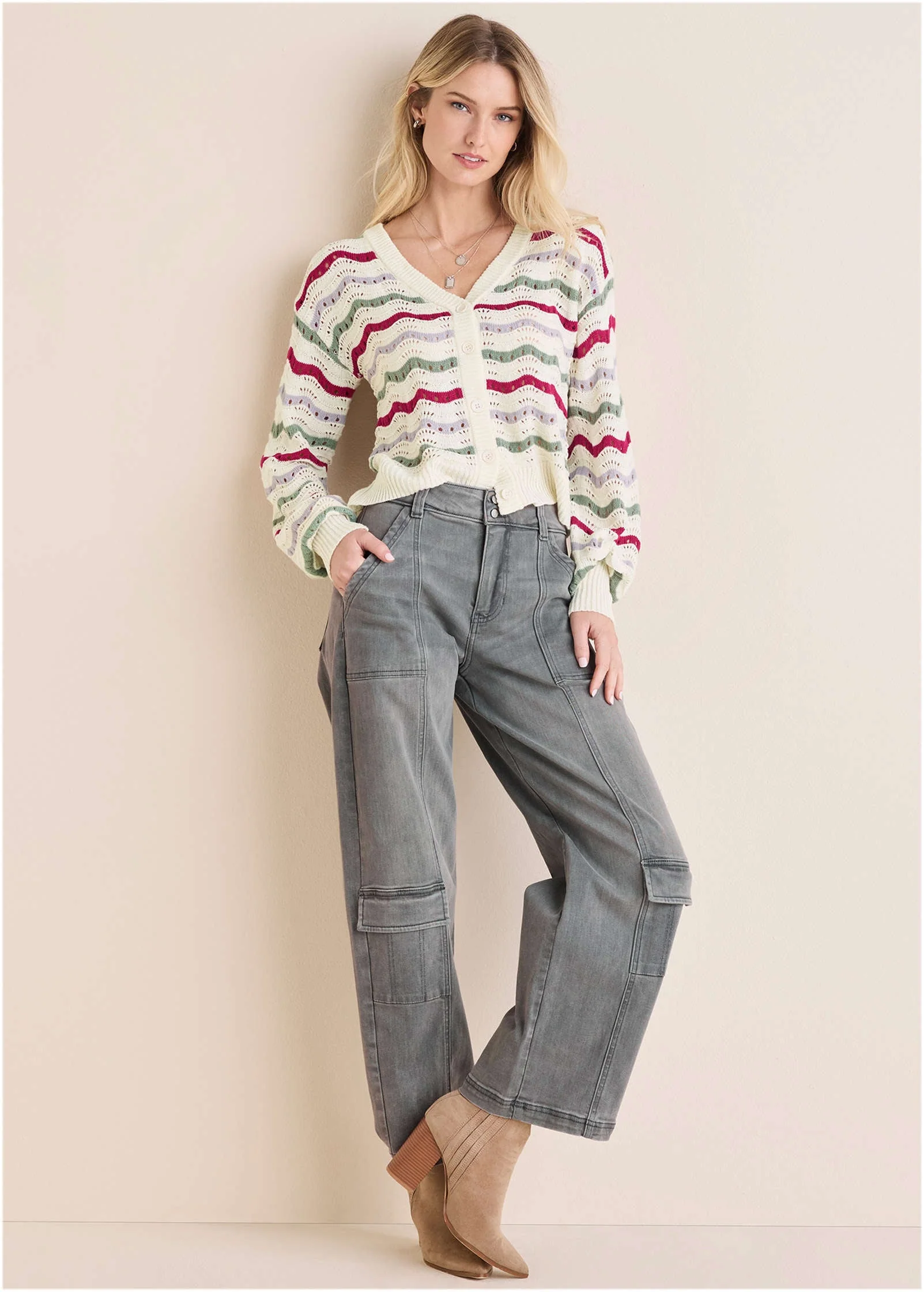 Stripe Pointelle Cardigan - Grey Multi - Image 3