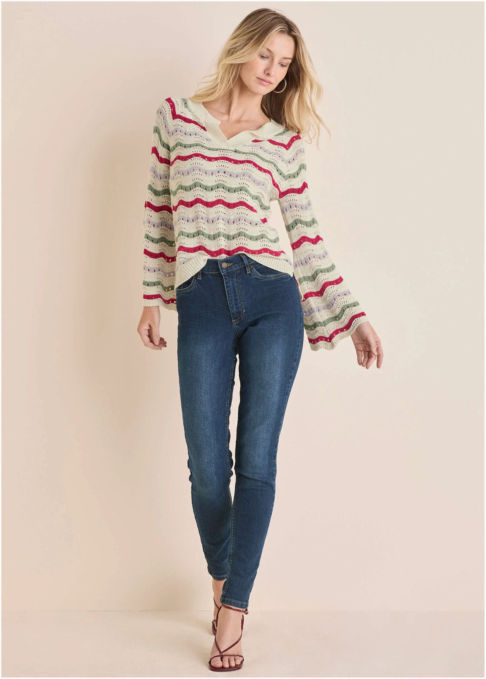 Stripe Pointelle Sweater - Grey Multi - Image 3