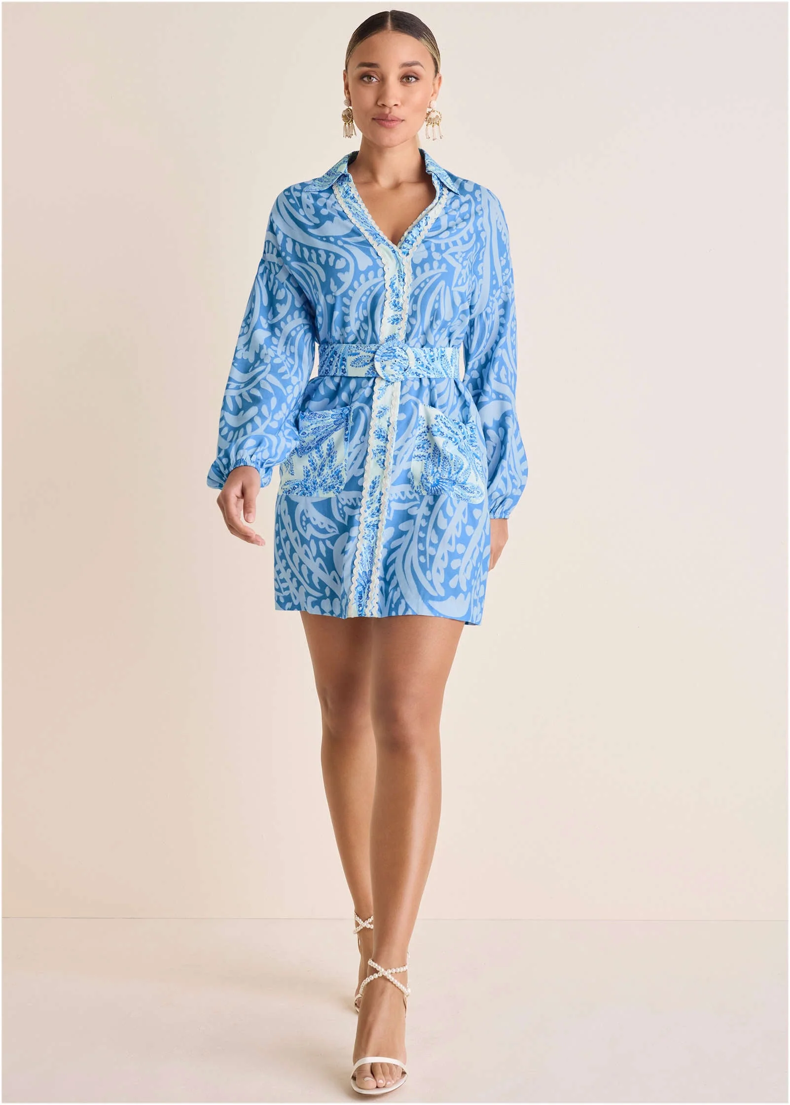 Belted Mini Shirt Dress - Blue Allover Spring Paisley - Image 2