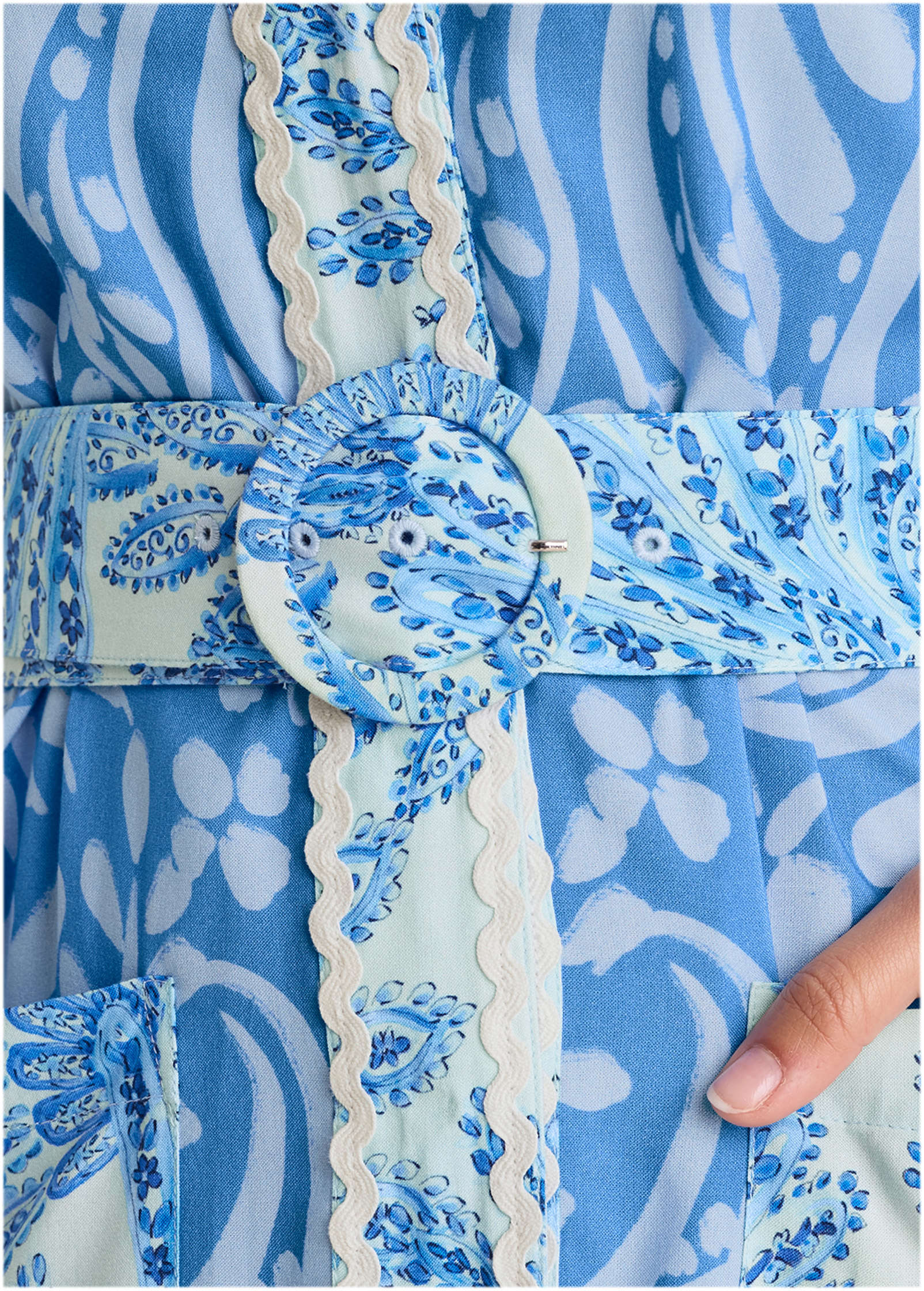 Belted Mini Shirt Dress - Blue Allover Spring Paisley - Image 4
