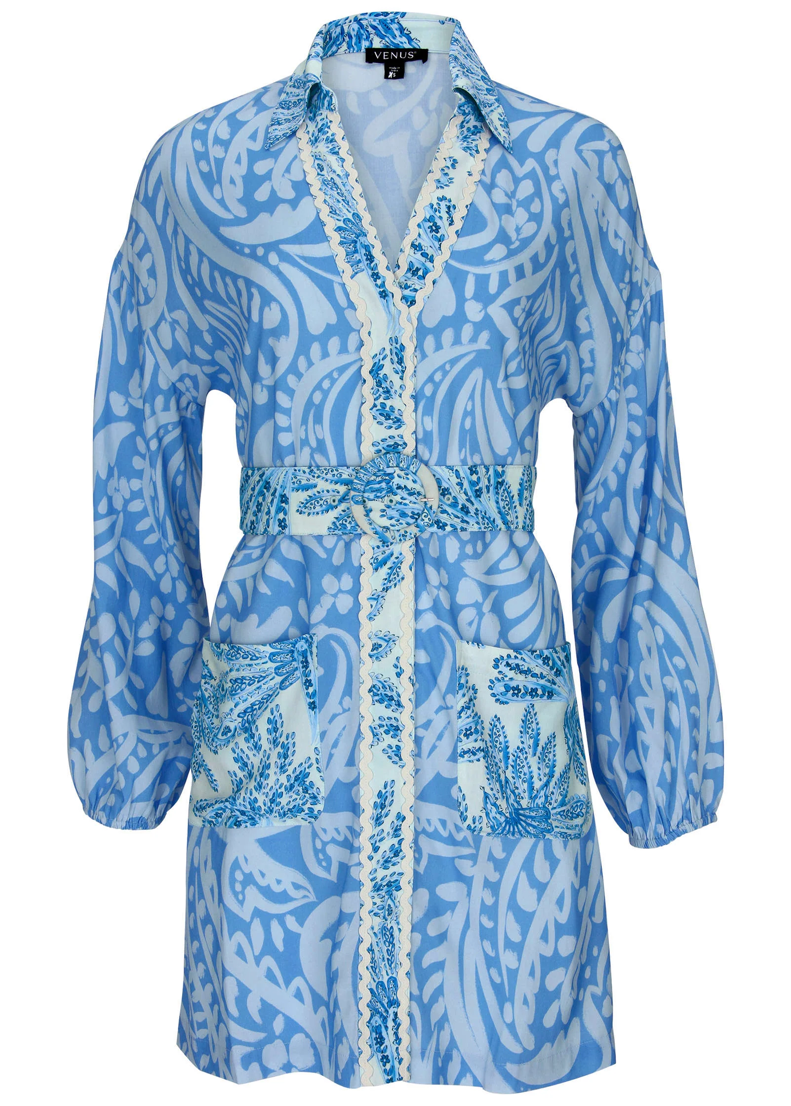 Belted Mini Shirt Dress - Blue Allover Spring Paisley - Image 5