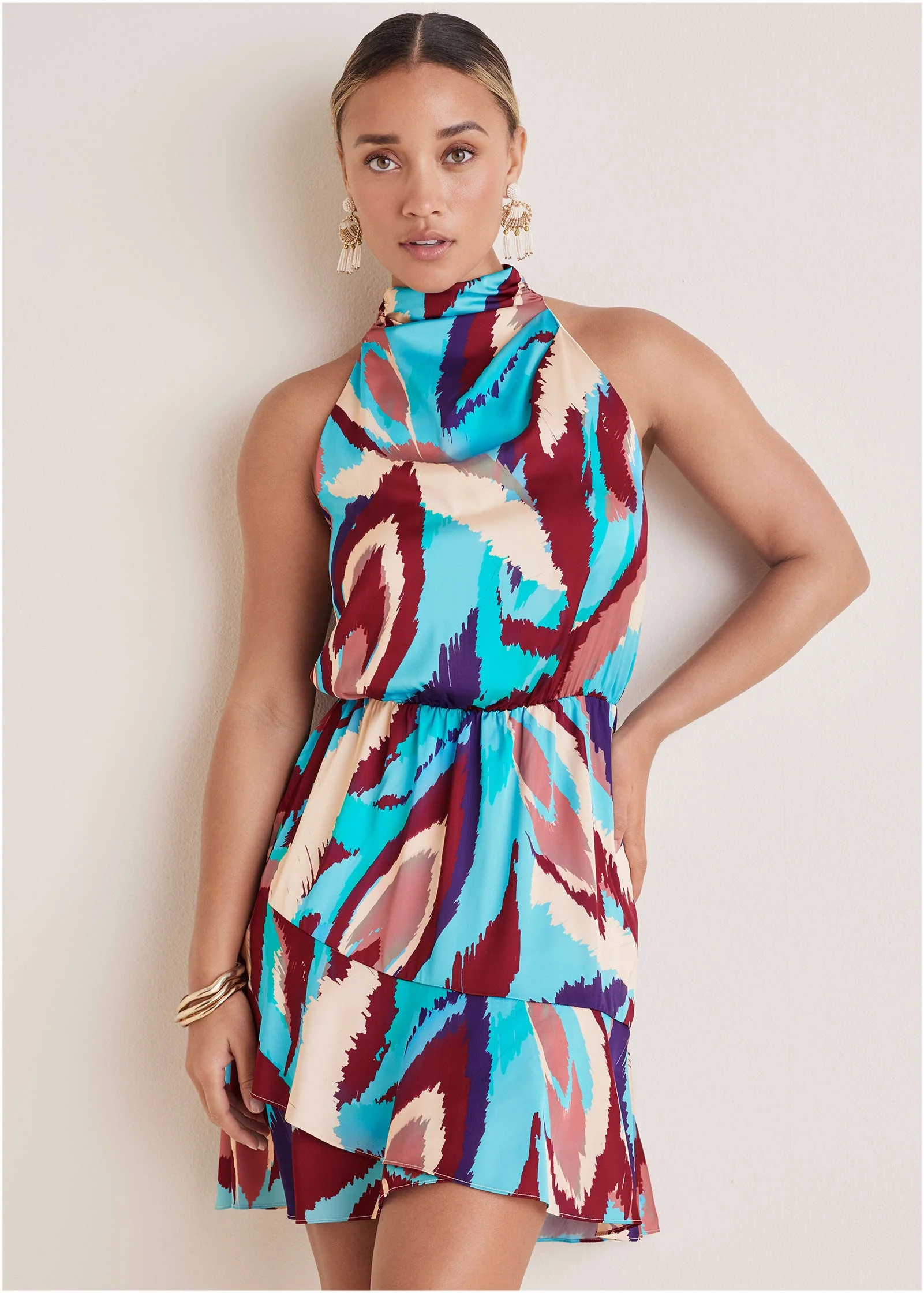 Printed Halter Mini Dress - Ikat Flowers - Image 2