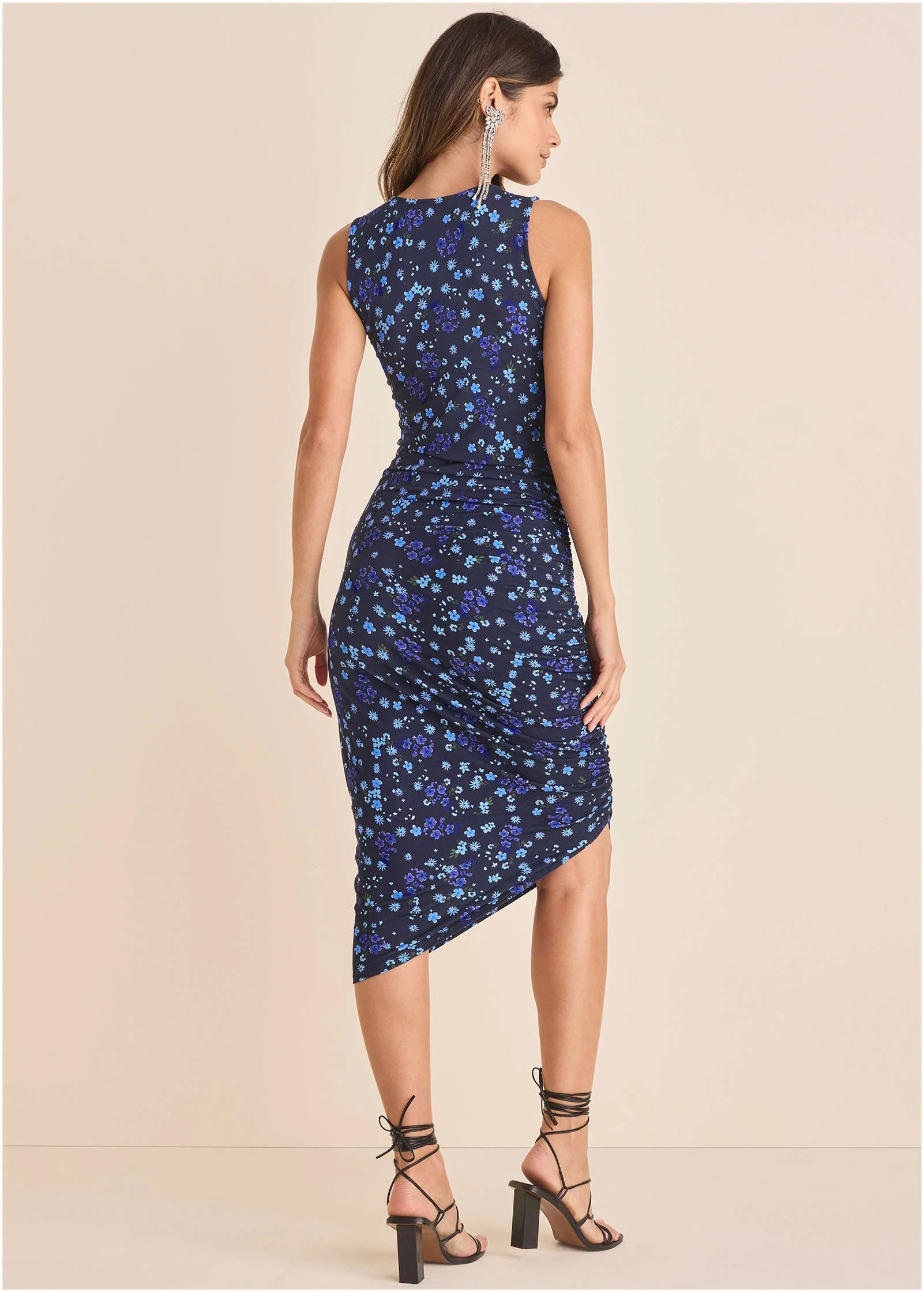 Side Ruched Midi Dress - Lovely Ditsy Blue - Image 3