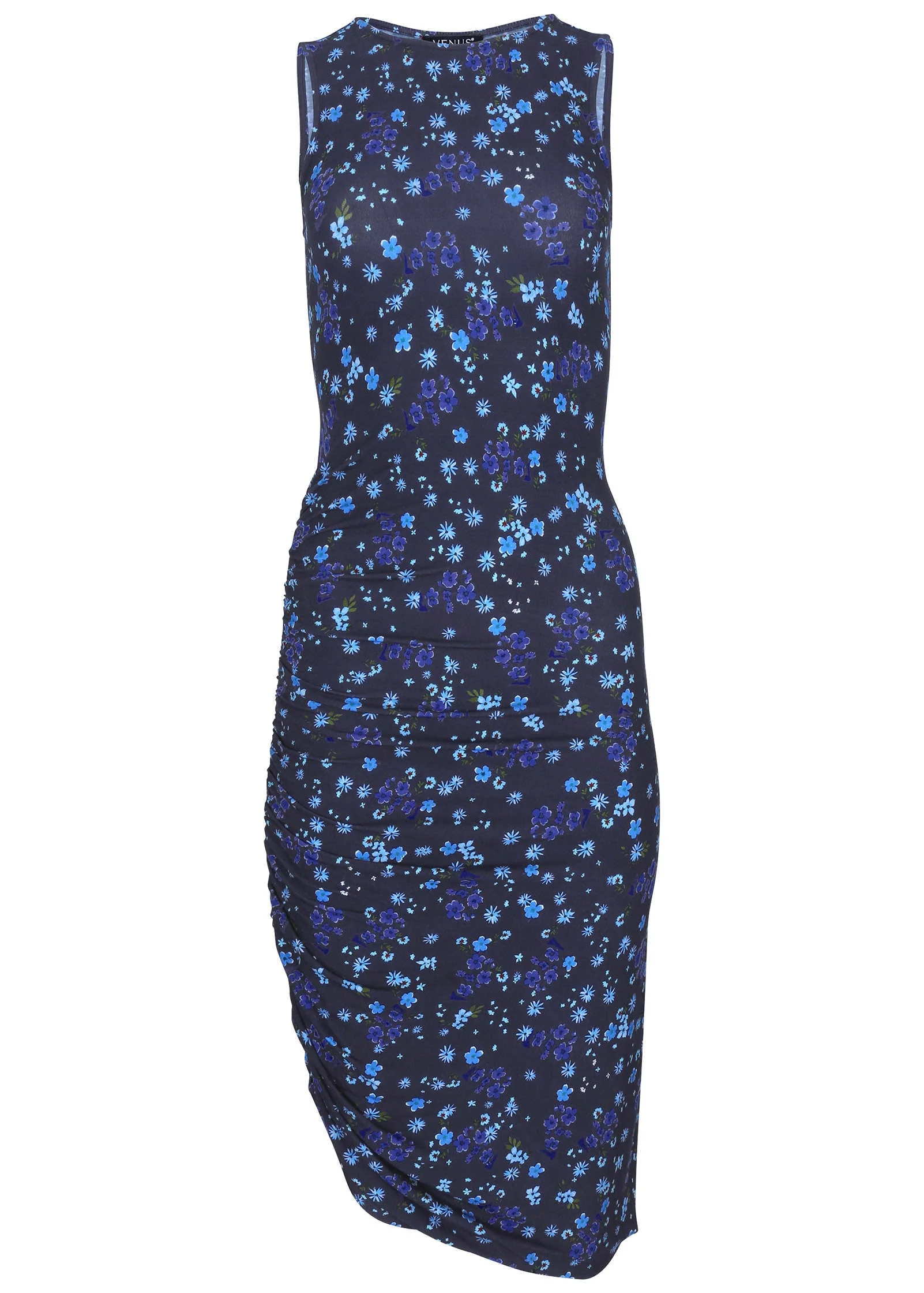 Side Ruched Midi Dress - Lovely Ditsy Blue - Image 4