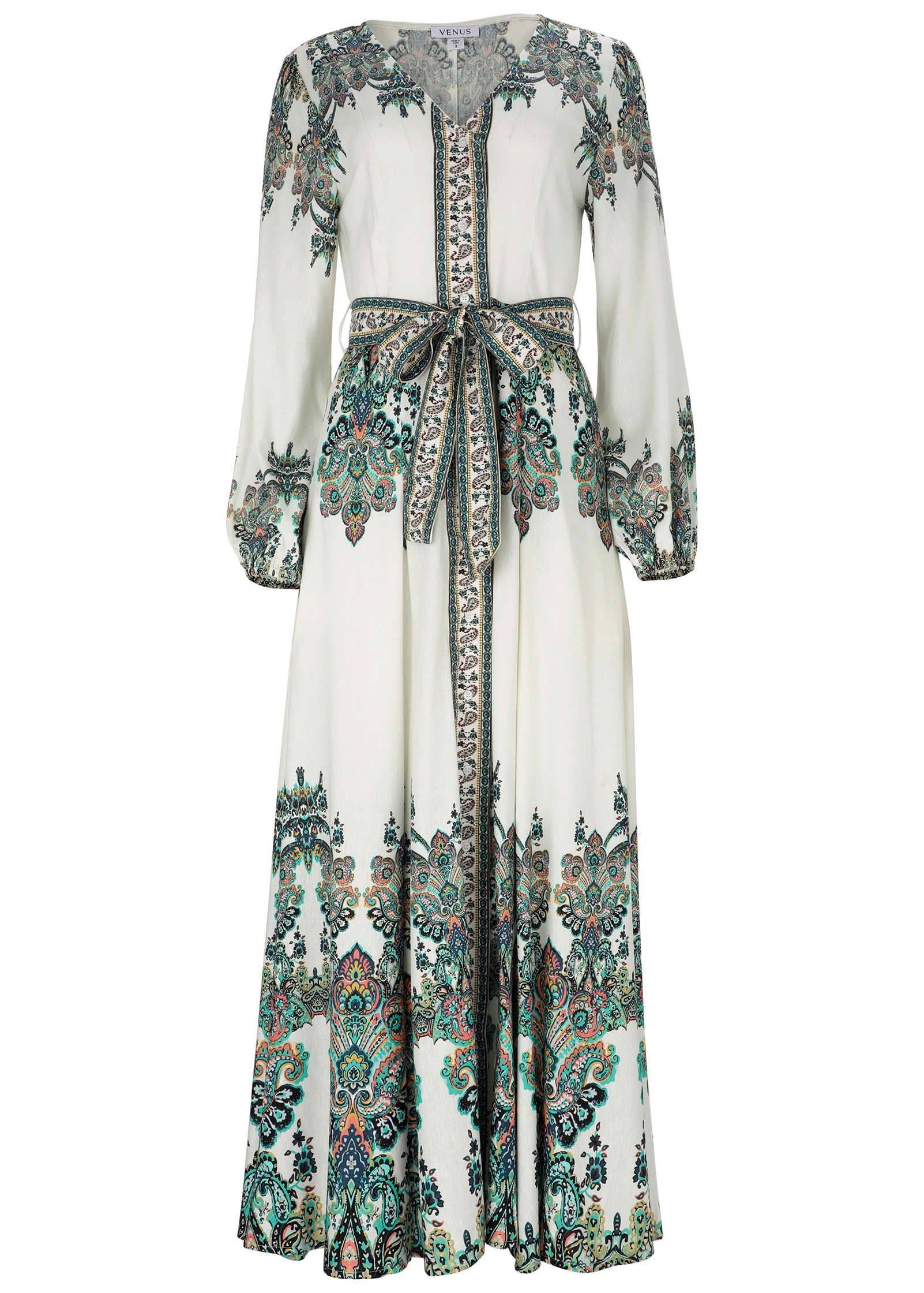 Tie-Waist Linen Maxi Dress - White Multi - Image 3