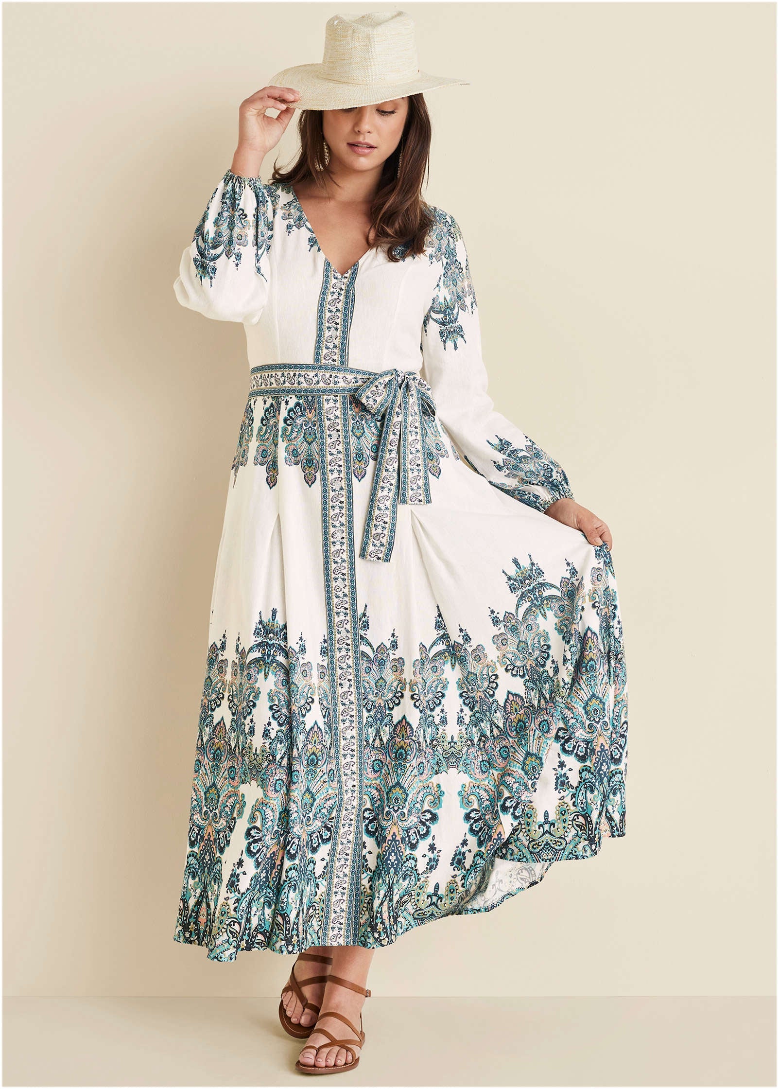 Tie-Waist Linen Maxi Dress - White Multi - Image 4