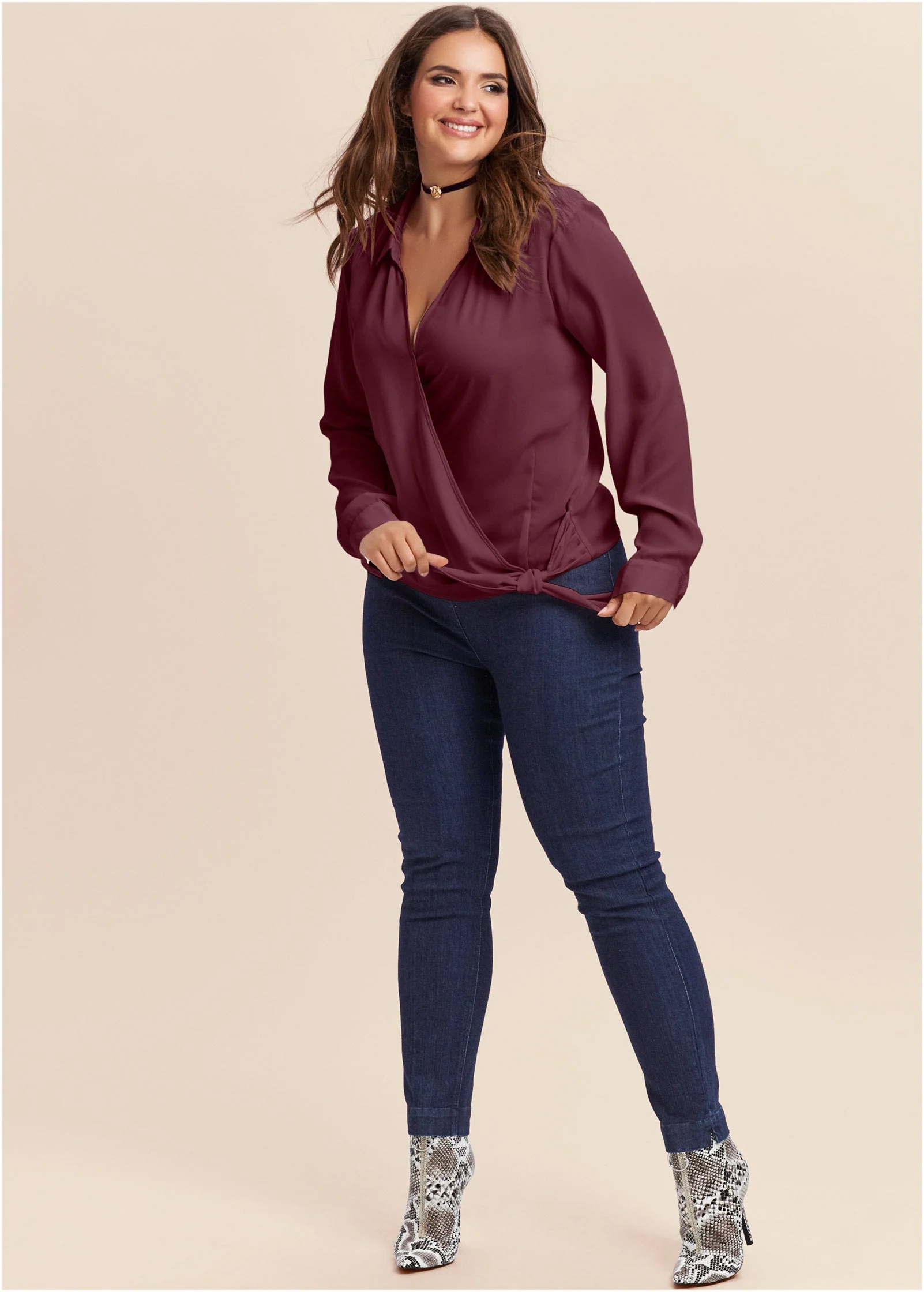 Surplice Side Tie Blouse - Wine - Image 11