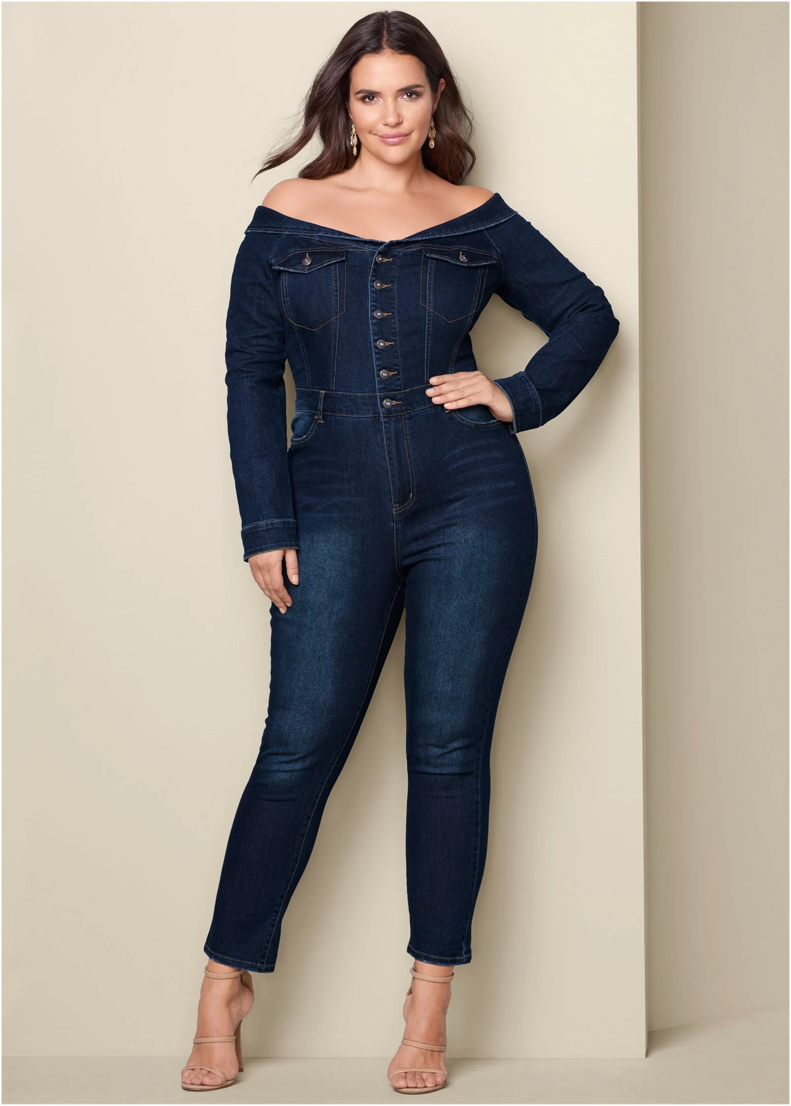 Off-The-Shoulder Denim Jumpsuit - Dark Wash - Image 10