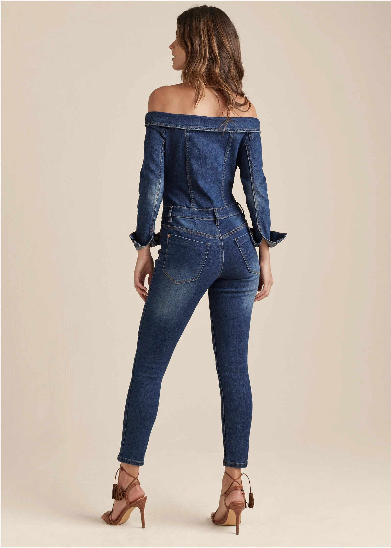 Off-The-Shoulder Denim Jumpsuit - Dark Wash - Image 2