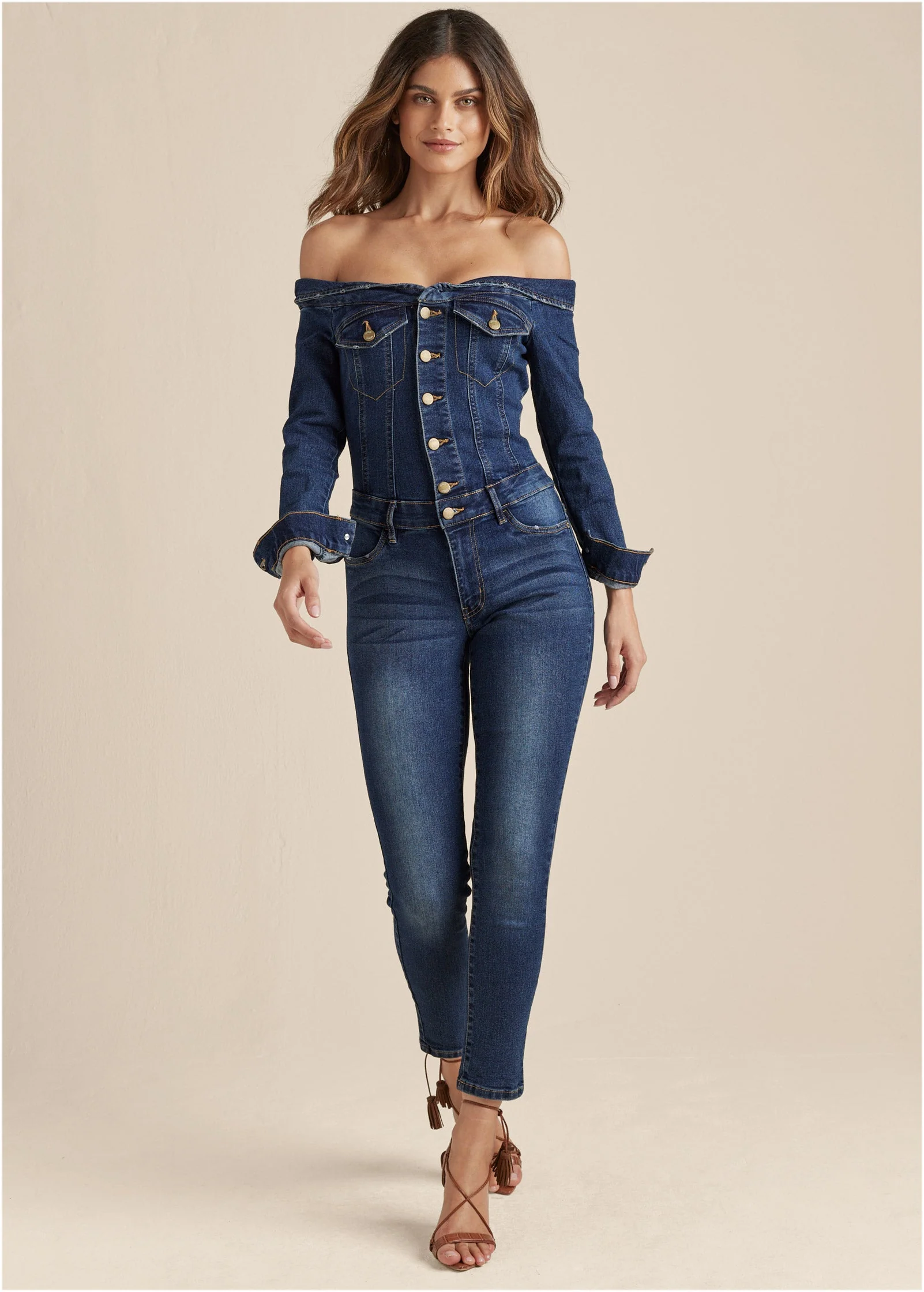 Off-The-Shoulder Denim Jumpsuit - Dark Wash - Image 6