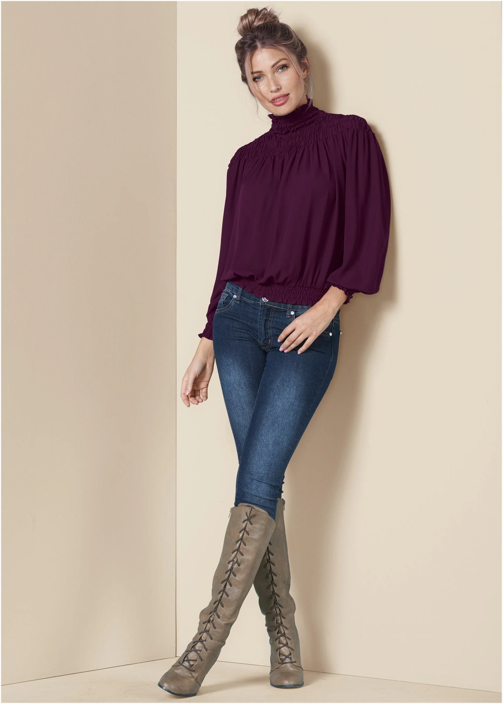 Smocked Detail Top - Dark Purple - Image 2