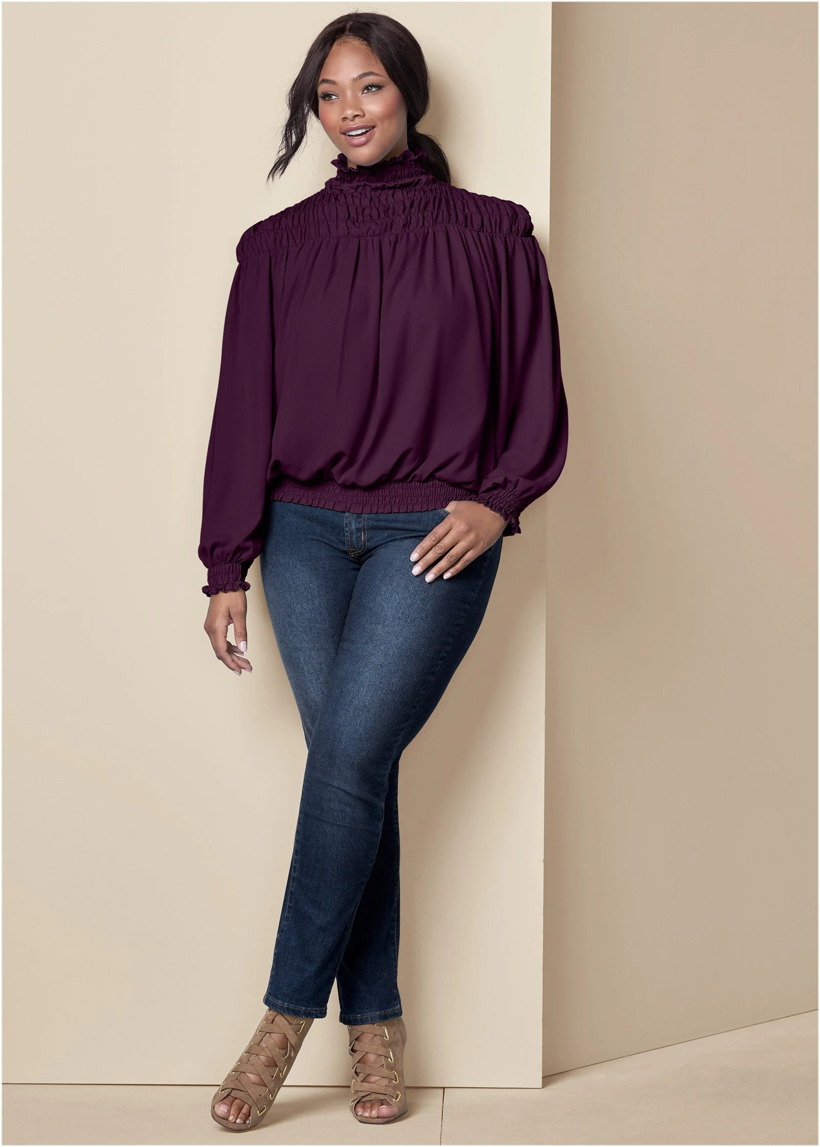 Smocked Detail Top - Dark Purple - Image 9