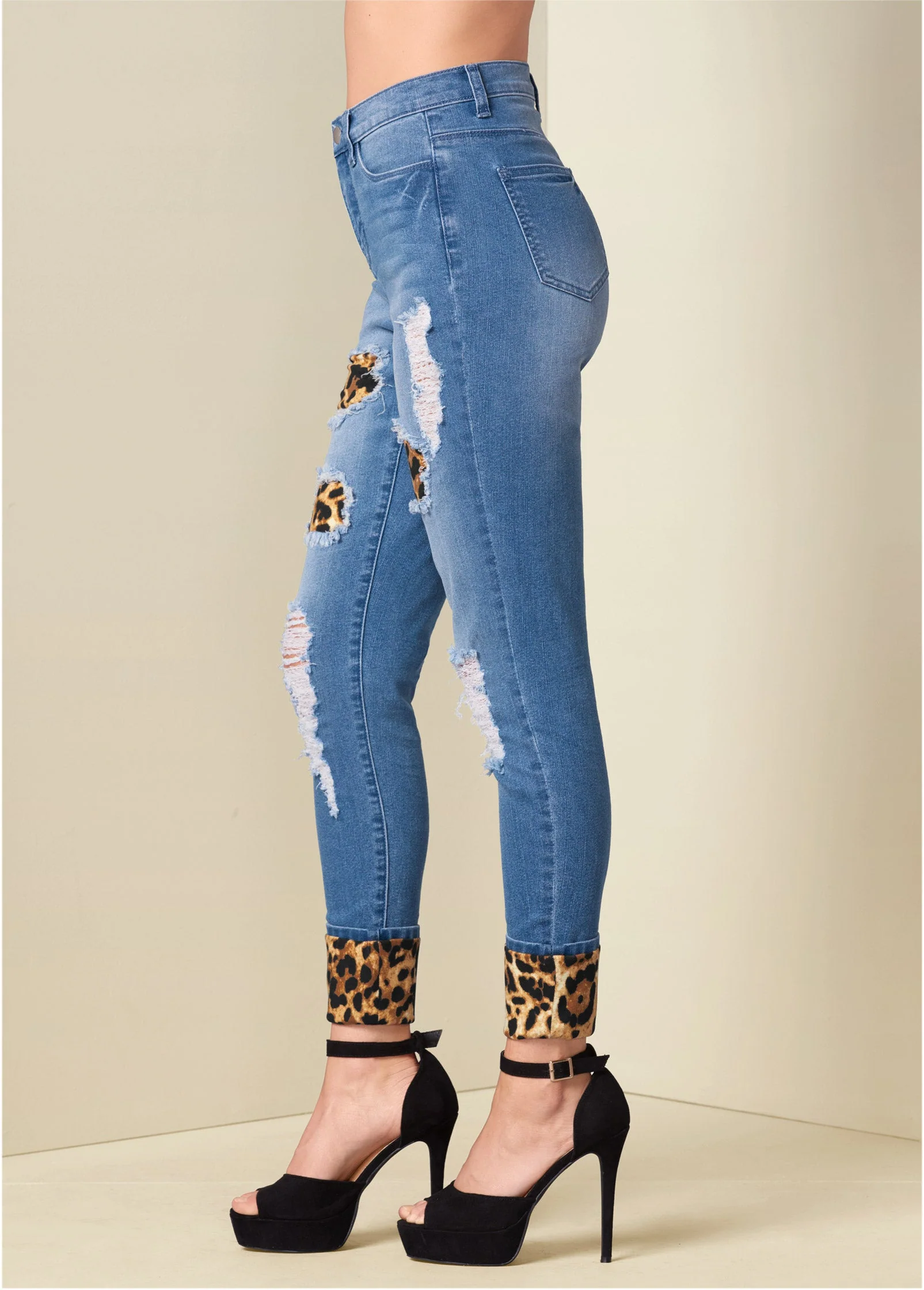 Leopard Cuffed Jeans - Light Wash - Image 4