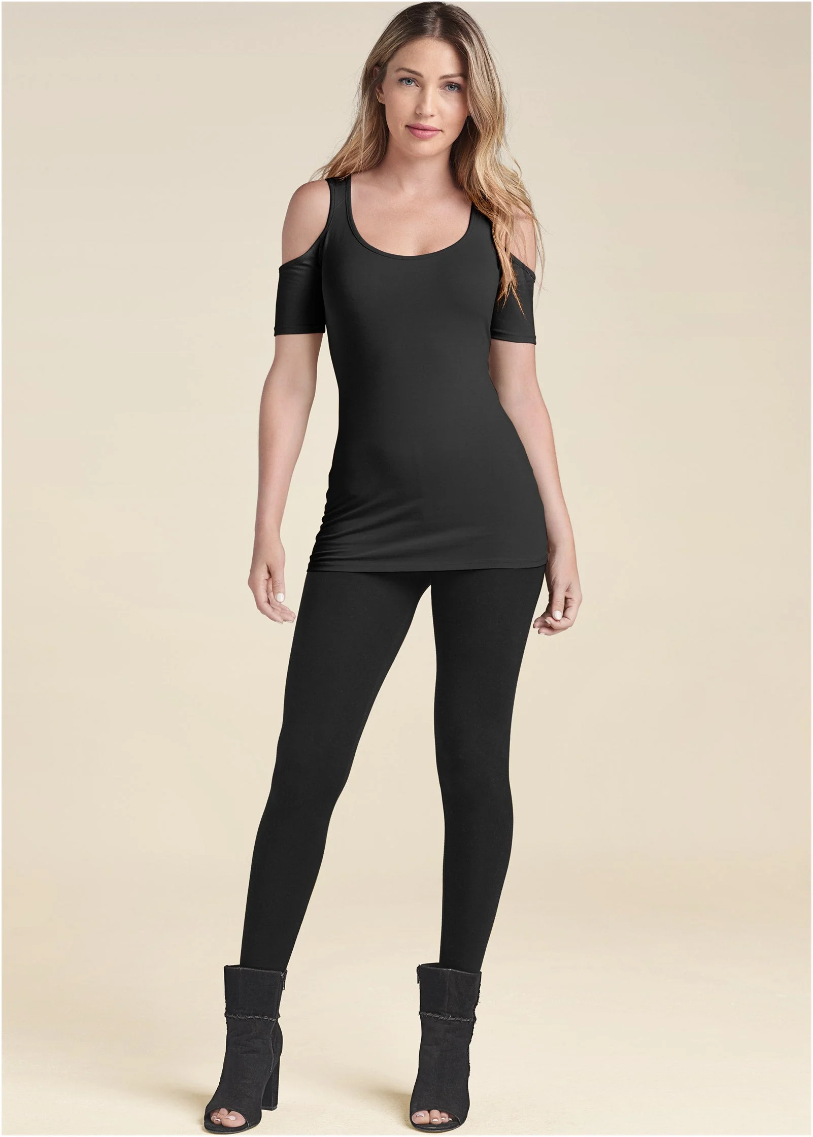 Long And Lean Cold-Shoulder Top - Black - Image 2
