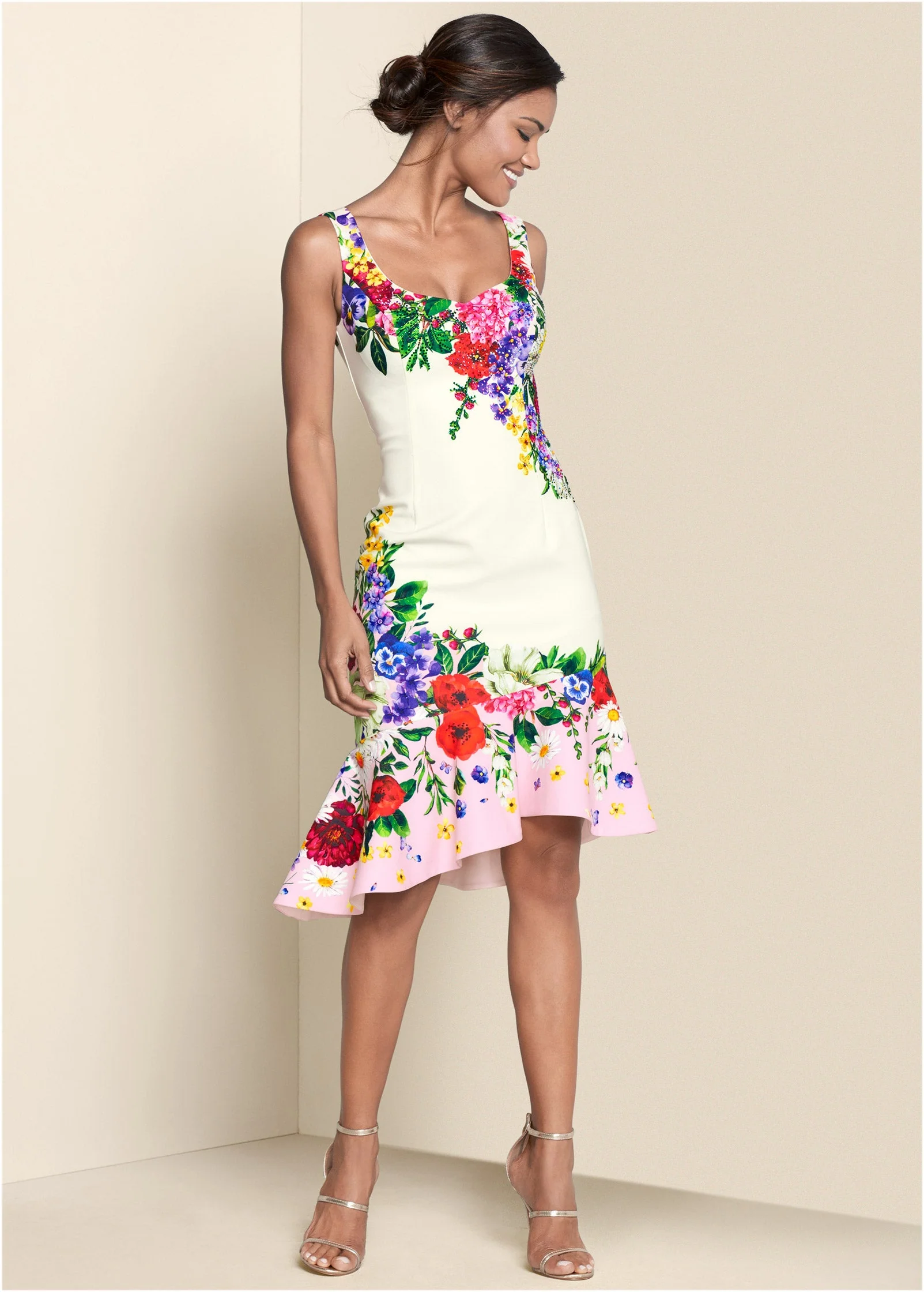 Ruffle Trim Detail Dress - White Multi - Image 2